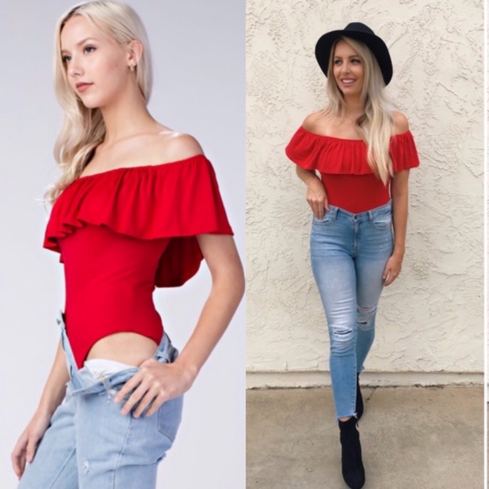 Honey Punch Off Shoulder Bodysuit in Red